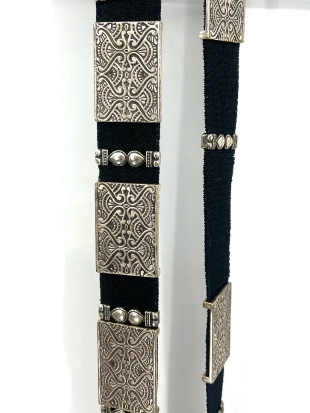Chico's SilverTone Metal Black Stretch Fabric Boho Medallion Y2K 46”XL Statement